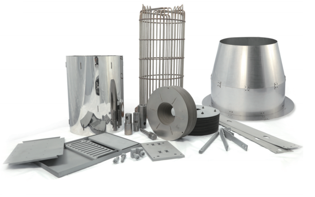 Sapphire growth furnace hot zone materials including tungsten and molybdenum components